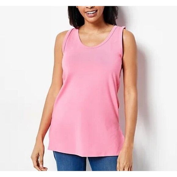 Susan Graver Weekend Essentials Tunic Tank Comfy Cotton Peony Coral L Pink NWOT - Picture 1 of 4